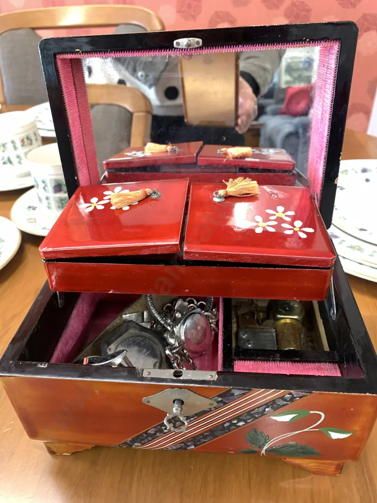 Handpainted Wooden Vintage Jewellery Box Paua Inlay With Queen Elizabeth II Medal And Selection Of Vintage Watches Image 1++
