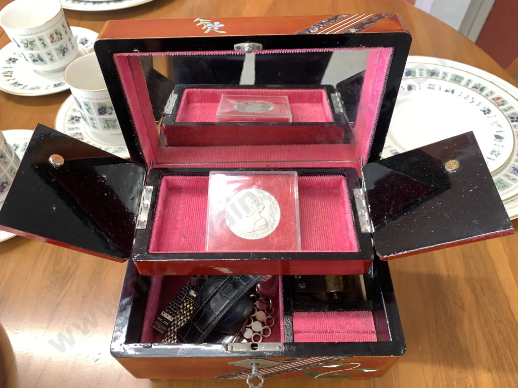 Handpainted Wooden Vintage Jewellery Box Paua Inlay With Queen Elizabeth II Medal And Selection Of Vintage Watches Image 1++