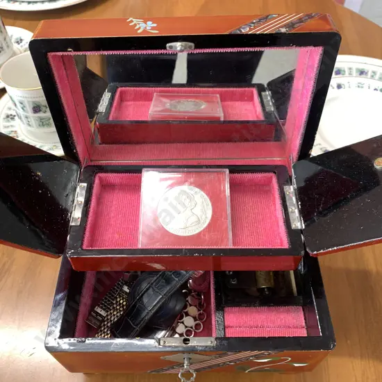 Handpainted Wooden Vintage Jewellery Box Paua Inlay With Queen Elizabeth II Medal And Selection Of Vintage Watches
