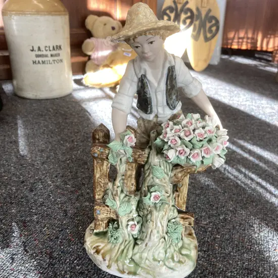 Vintage Porcelain Artistica Levantint Figurine, Man With Flower Basket & Fence, 24 x 14cm