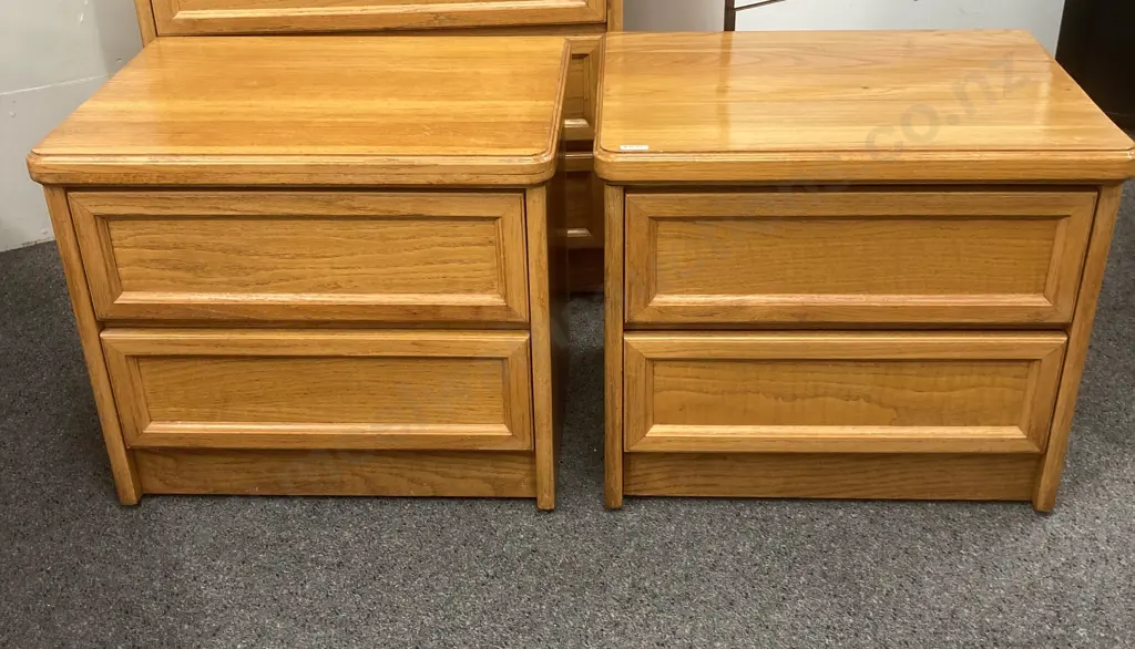 Pair Of Oak 2 Drawer Bedside Cabinets, H52 W60 D45cm Image 1++