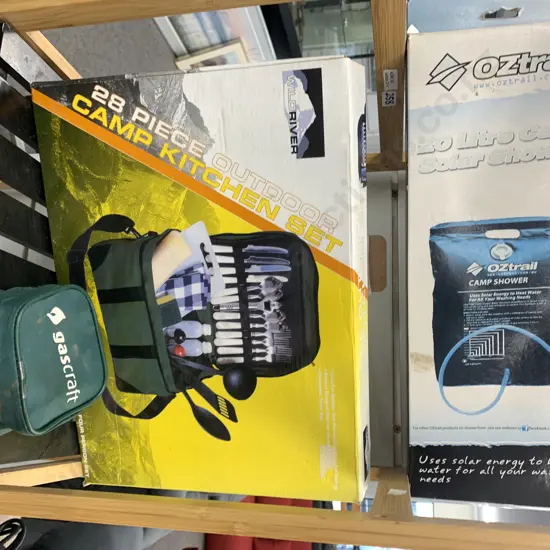 28 Piece Outdoor Kitchen Camp Set, 20 Litre Camp Solar Shower, Gascraft Burner