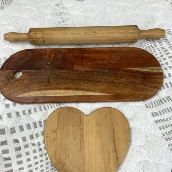 Long Acacia Serving Board L66cm, 70cm Wooden Rolling Pin & Heart Shaped Board
