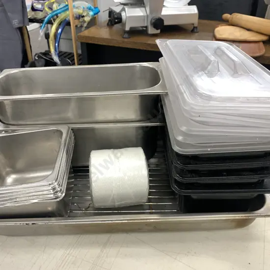 Assortment of Catering Serving Dishes, Bins, Butchers Twine Etc