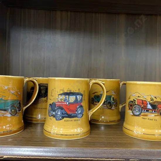 Selection Of Vintage Wade Veteran Cars Tankards x5 Including 1907 Fiat, Austin Seven, 1925 Mg etc
