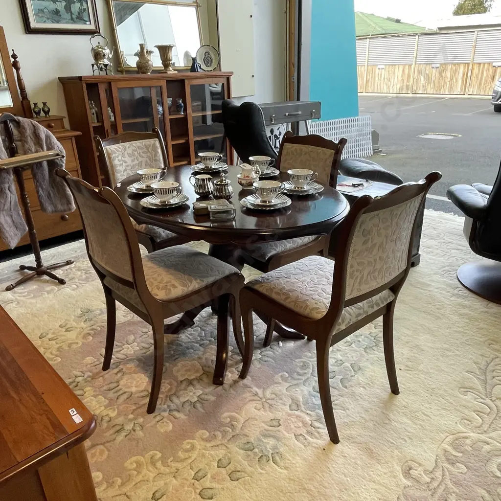 NO RESERVE Vintage Solid Mahogany 5 Pce Dining Suite. Solid 4 leg Central Panel Base. Chairs with Warwick Upholstery Image 1++