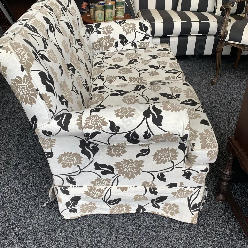 Vintage Style two Seater Couch. Black, fawn and cream patterned fabric. H78 W130 D80 Image 1++