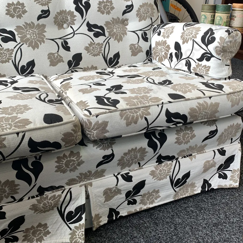 Vintage Style two Seater Couch. Black, fawn and cream patterned fabric. H78 W130 D80 Image 1++