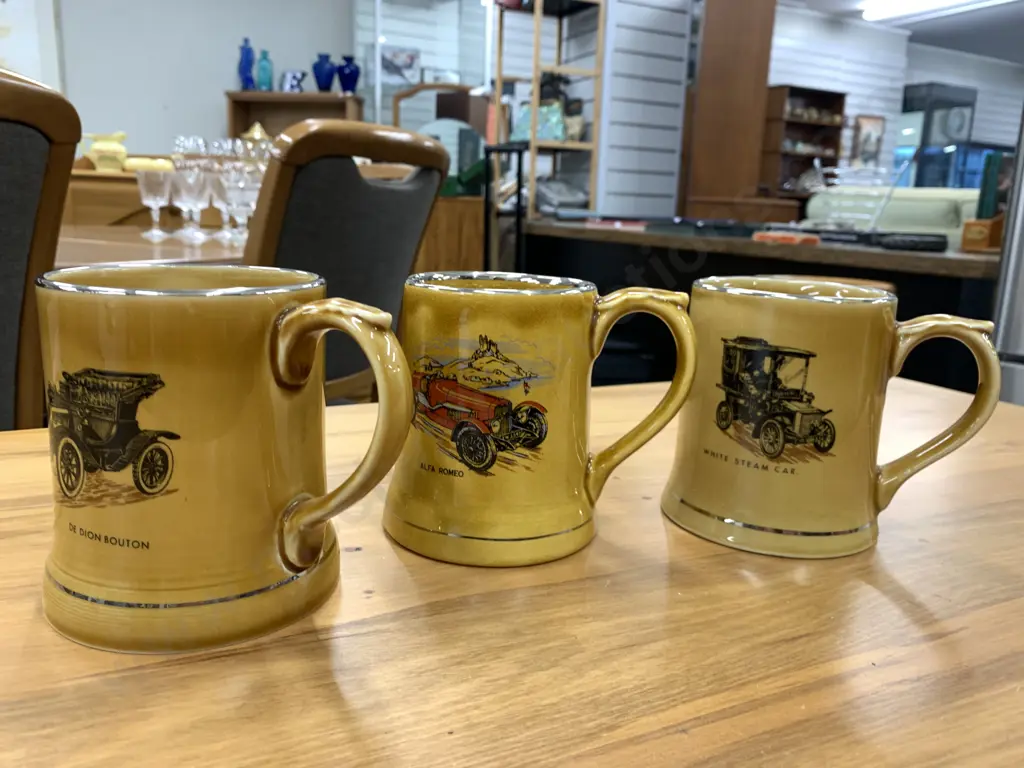 Selection Of Vintage Wade Tankards x3 Including De Dion, Alfa Romeo& White Steam Car Image 1++