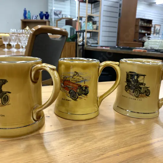Selection Of Vintage Wade Tankards x3 Including De Dion, Alfa Romeo& White Steam Car