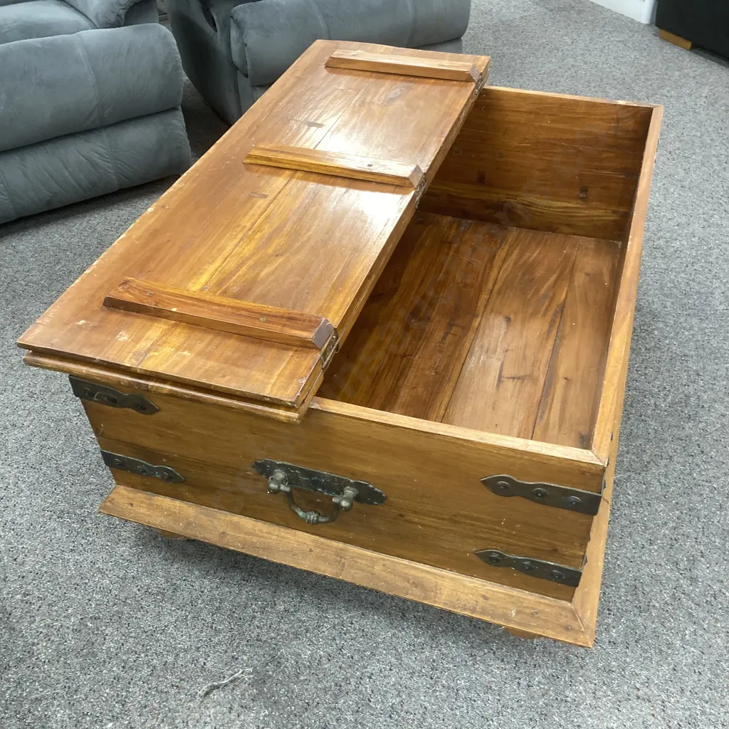 Teak Coffee Table, 1/2 Hinged Top For Storage, Ball Feet, Wrought Handles & Detailing On Corners, H51 W120 D90cm Image 1++