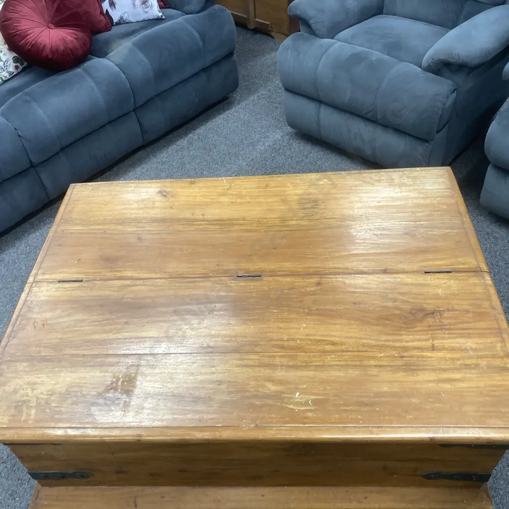 Teak Coffee Table, 1/2 Hinged Top For Storage, Ball Feet, Wrought Handles & Detailing On Corners, H51 W120 D90cm Image 1++