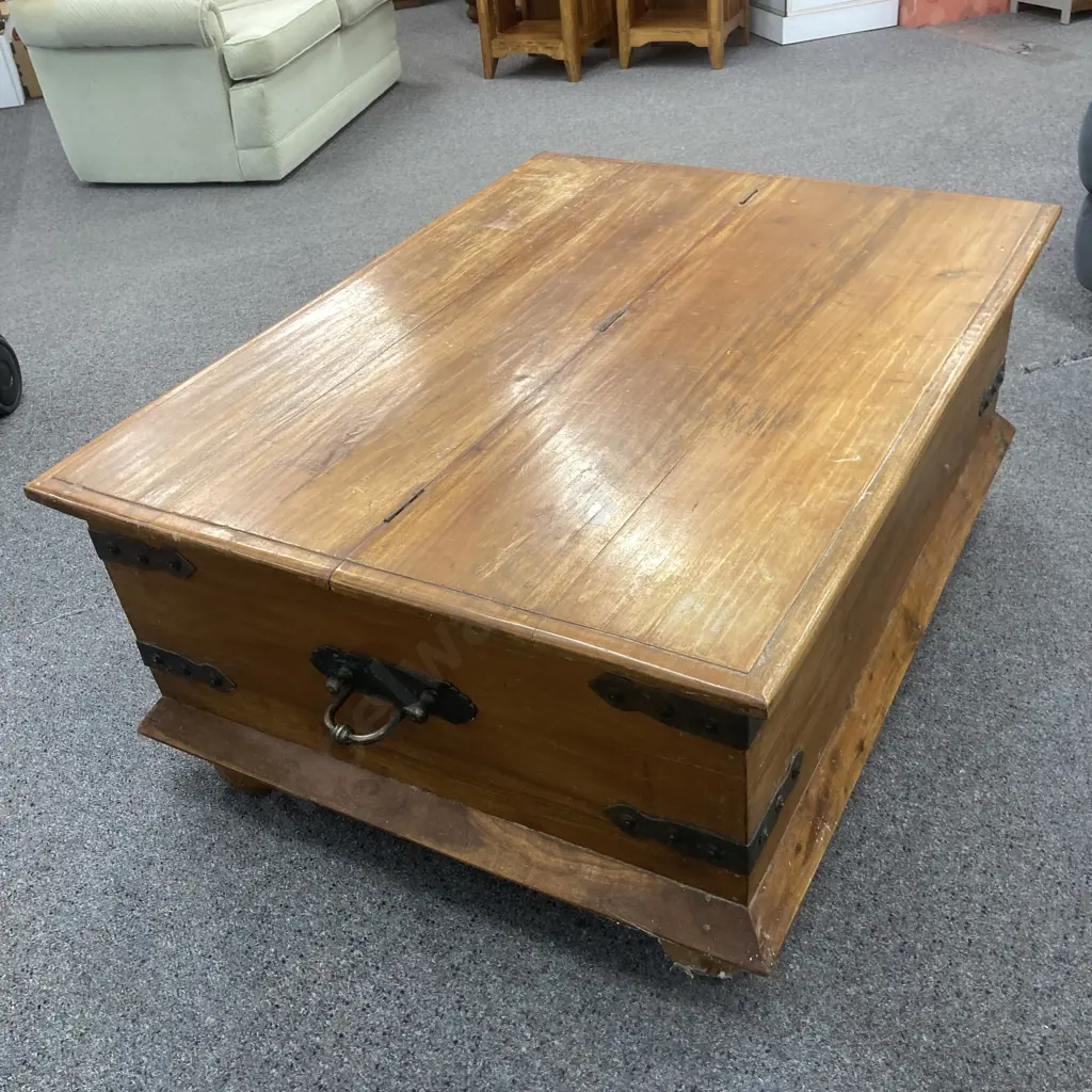 Teak Coffee Table, 1/2 Hinged Top For Storage, Ball Feet, Wrought Handles & Detailing On Corners, H51 W120 D90cm Image 1++