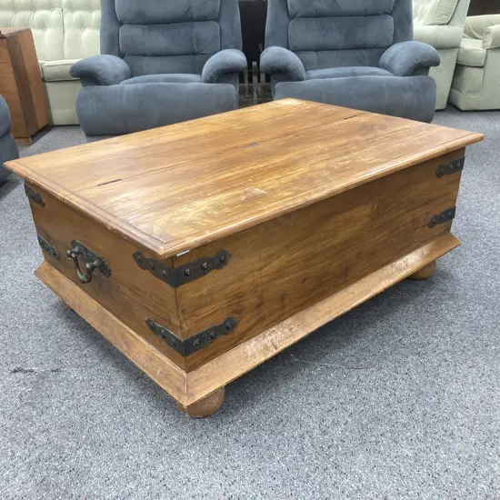 Teak Coffee Table, 1/2 Hinged Top For Storage, Ball Feet, Wrought Handles & Detailing On Corners, H51 W120 D90cm