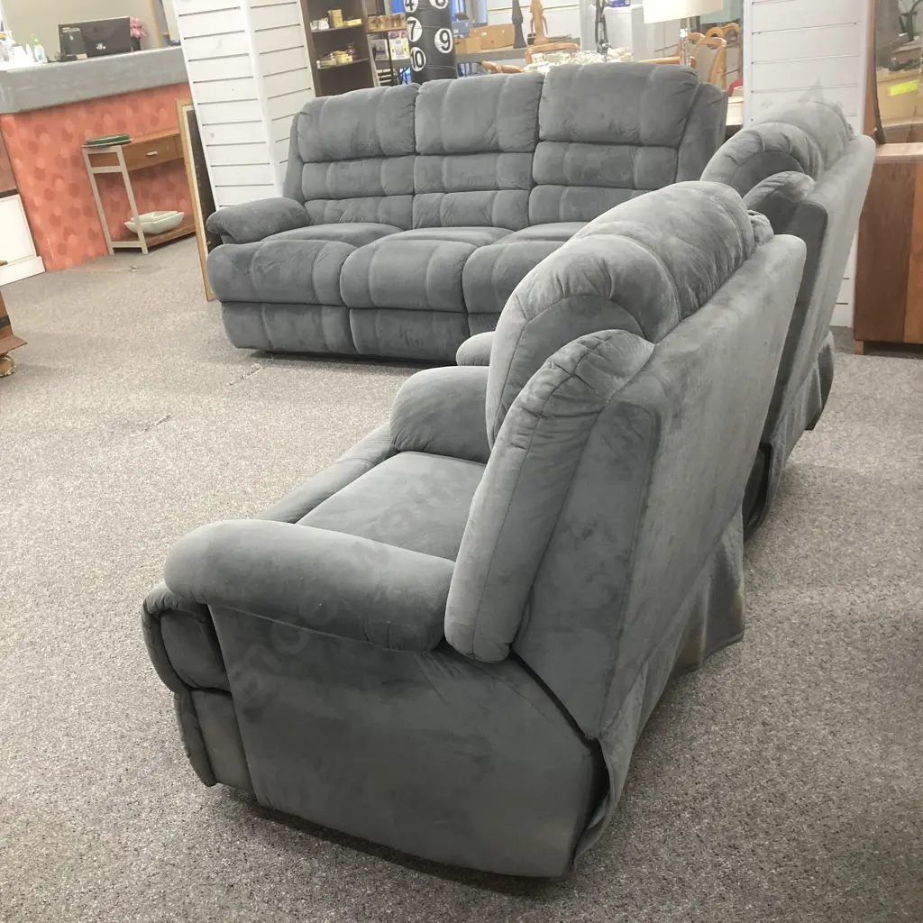 Grey Micro-Suede Lounge Suite, 3 Seater Recliner Couch & 2 Recliner Chairs Image 1++