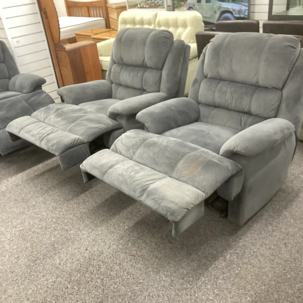 Grey Micro-Suede Lounge Suite, 3 Seater Recliner Couch & 2 Recliner Chairs Image 1++