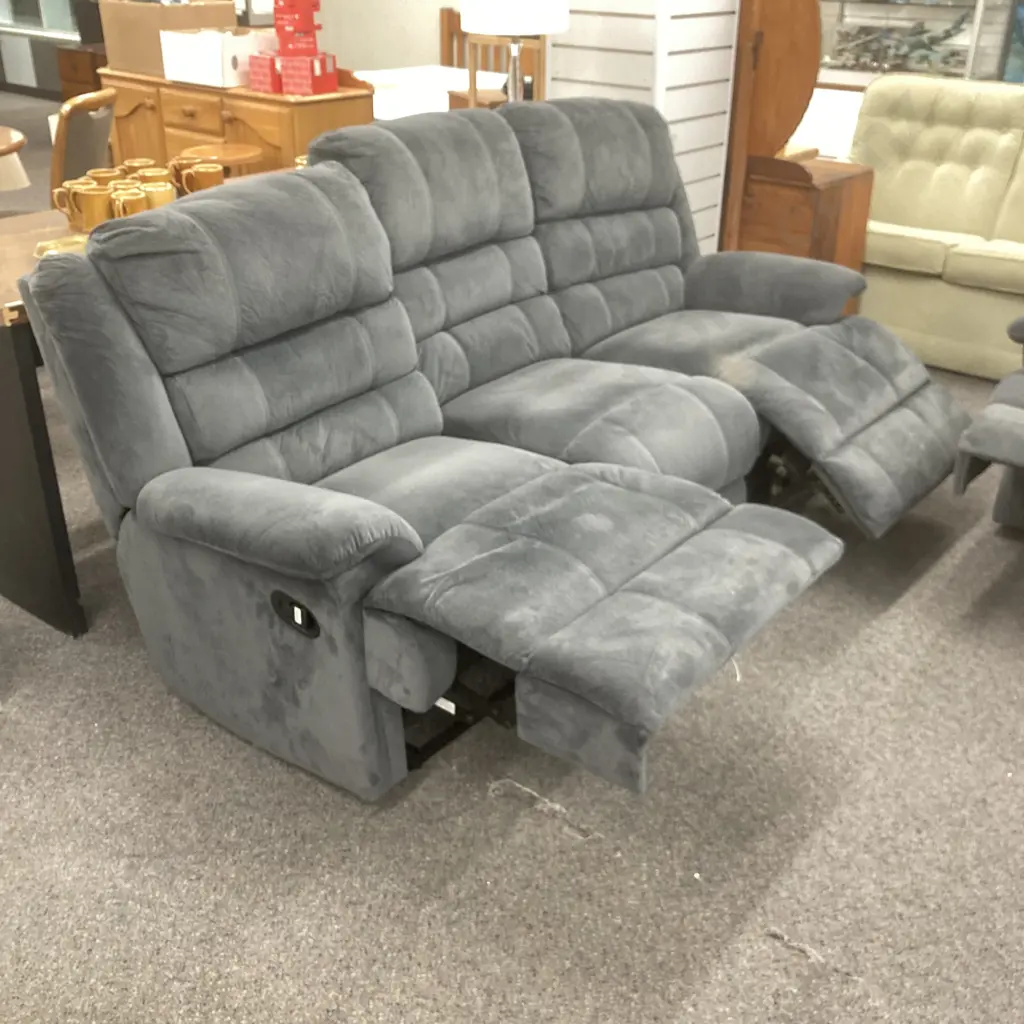 Grey Micro-Suede Lounge Suite, 3 Seater Recliner Couch & 2 Recliner Chairs Image 1++
