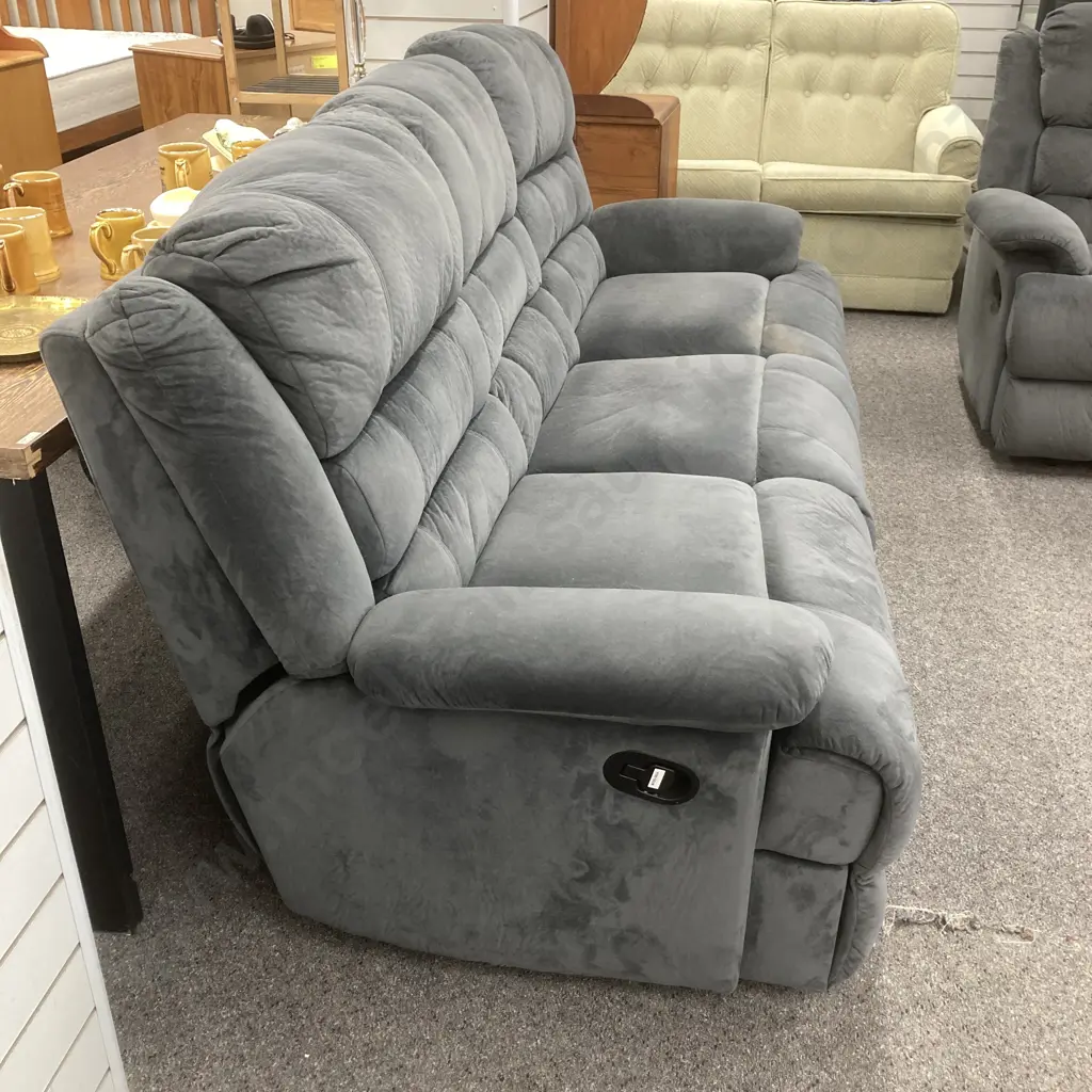 Grey Micro-Suede Lounge Suite, 3 Seater Recliner Couch & 2 Recliner Chairs Image 1++