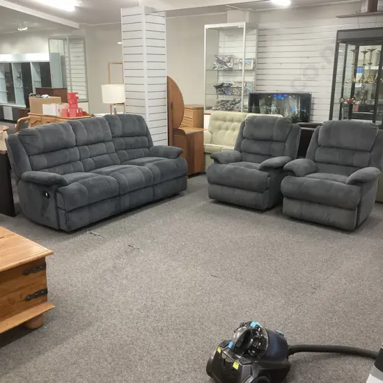 Grey Micro-Suede Lounge Suite, 3 Seater Recliner Couch & 2 Recliner Chairs