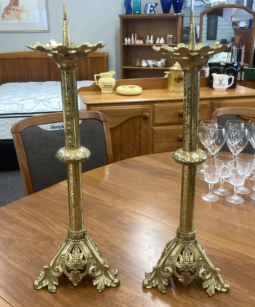 Pair of Beautiful Vintage Traditional Brass Church Altar Candlesticks, 50cm To Drip Line, Ex Timaru Monastery Image 1++
