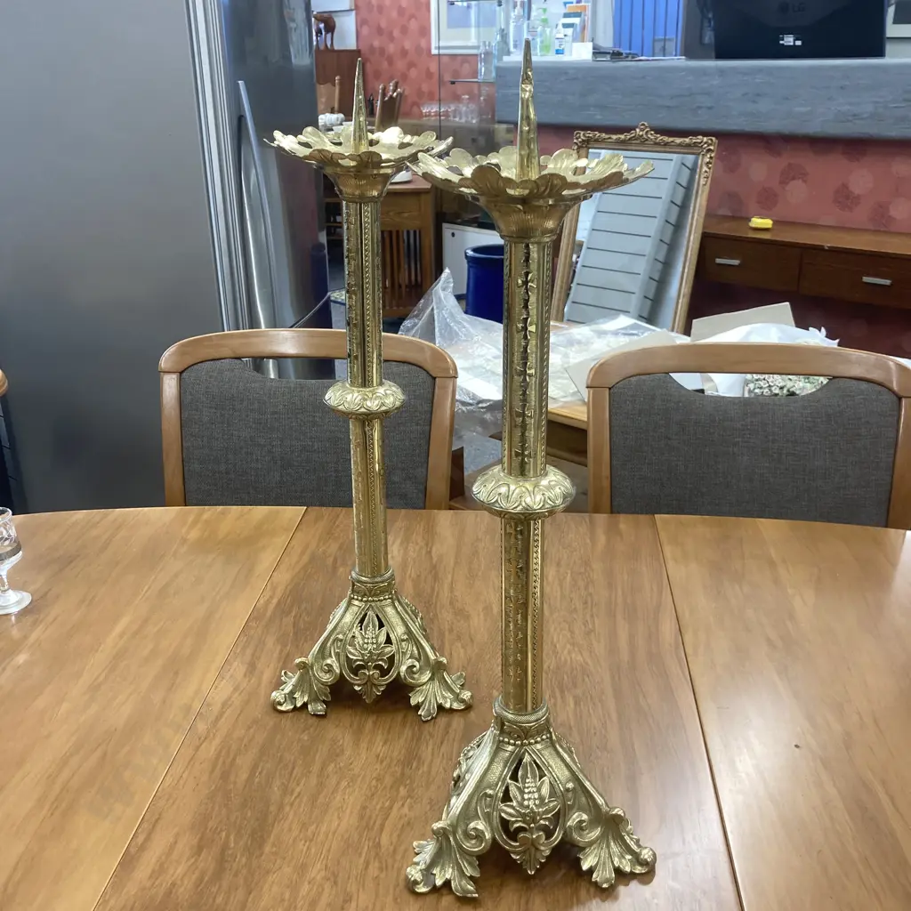 Pair of Beautiful Vintage Traditional Brass Church Altar Candlesticks, 50cm To Drip Line, Ex Timaru Monastery Image 1++