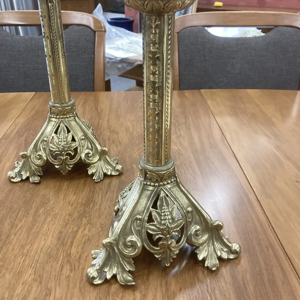 Pair of Beautiful Vintage Traditional Brass Church Altar Candlesticks, 50cm To Drip Line, Ex Timaru Monastery Image 1++