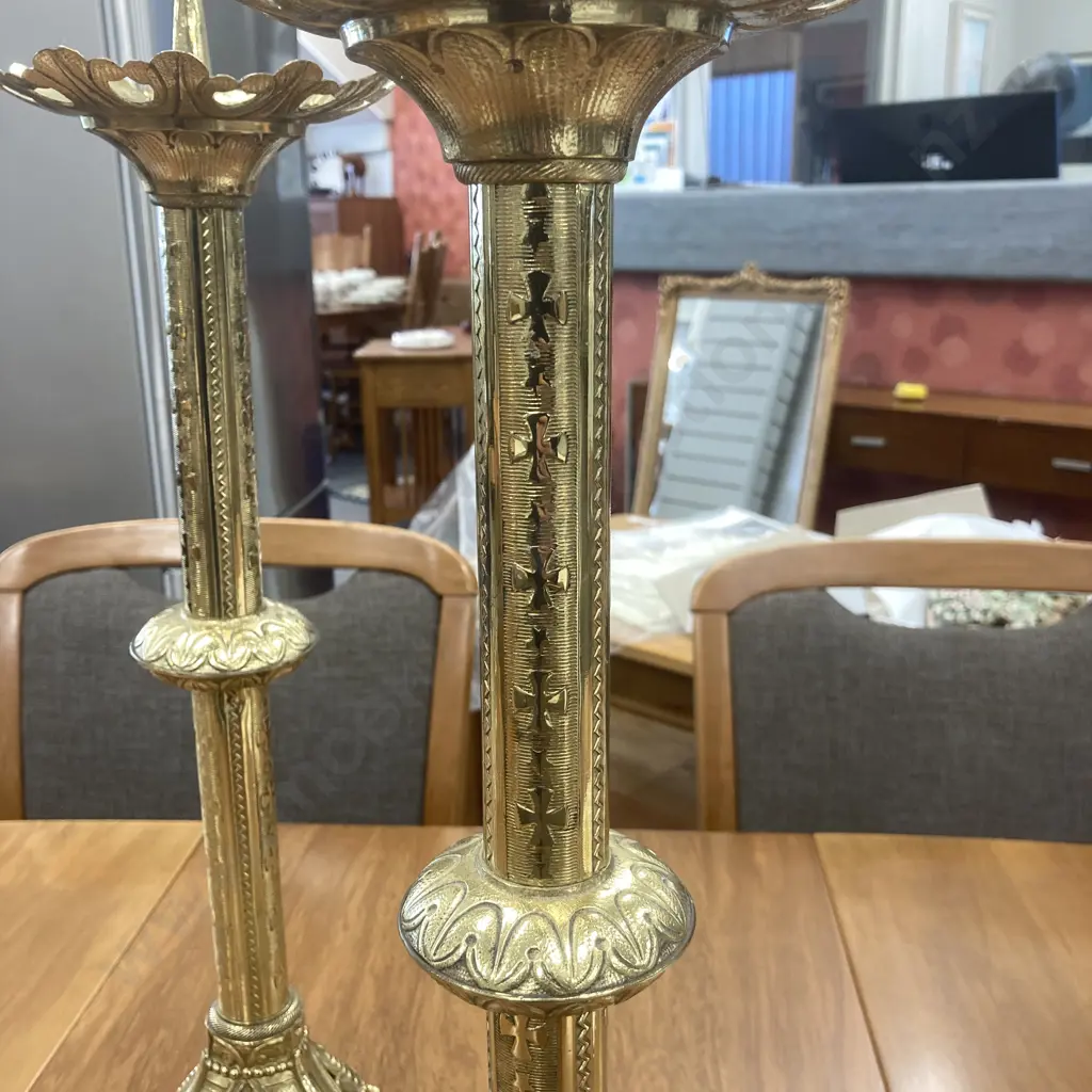 Pair of Beautiful Vintage Traditional Brass Church Altar Candlesticks, 50cm To Drip Line, Ex Timaru Monastery Image 1++