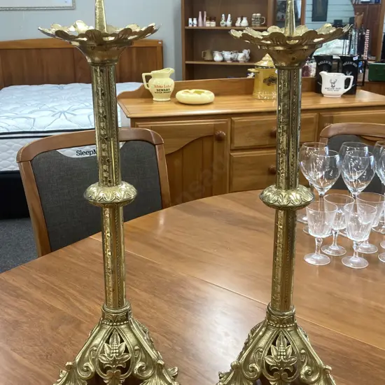 Pair of Beautiful Vintage Traditional Brass Church Altar Candlesticks, 50cm To Drip Line, Ex Timaru Monastery
