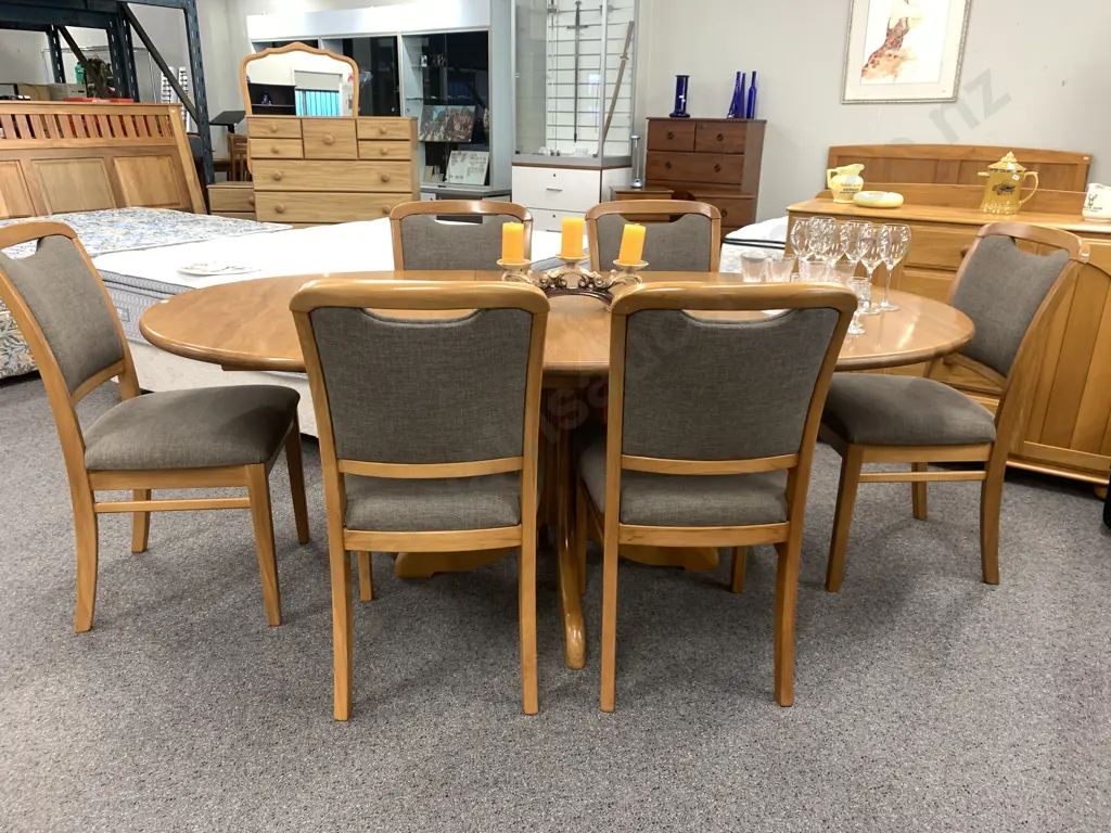 Danske Mobler Solid Rimu Oval Extension Dining Table & 6 Chairs With a Brown / Grey Fleck Upholstery, 150x100 (196 Ext) Image 1++