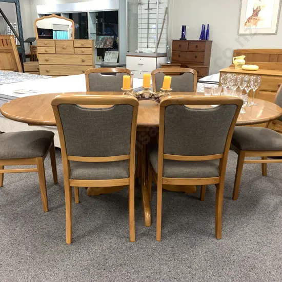 Danske Mobler Solid Rimu Oval Extension Dining Table & 6 Chairs With a Brown / Grey Fleck Upholstery, 150x100 (196 Ext)