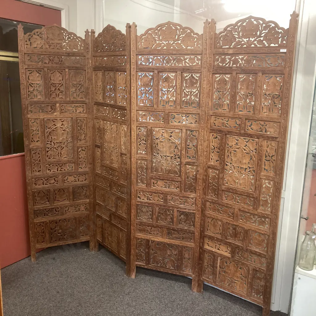 Vintage Ornate Heavily Carved Teak Four Panel Folding Screen (H184 W51 D2.5cm Each Panel) Image 1++