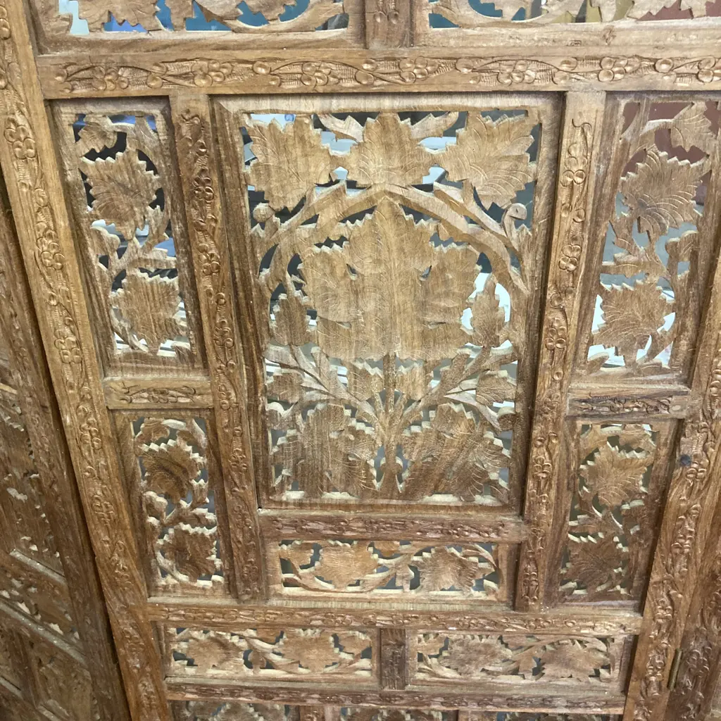 Vintage Ornate Heavily Carved Teak Four Panel Folding Screen (H184 W51 D2.5cm Each Panel) Image 1++