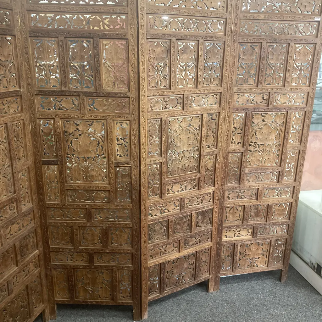 Vintage Ornate Heavily Carved Teak Four Panel Folding Screen (H184 W51 D2.5cm Each Panel) Image 1++