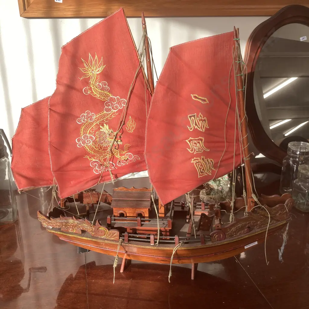 Wooden Model Chinese Junk, H62 L61 W19cm (In As Found Condition) Image 1++