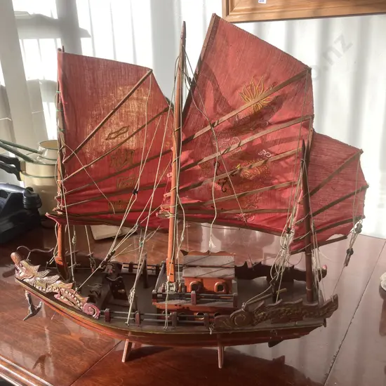 Wooden Model Chinese Junk, H62 L61 W19cm (In As Found Condition)