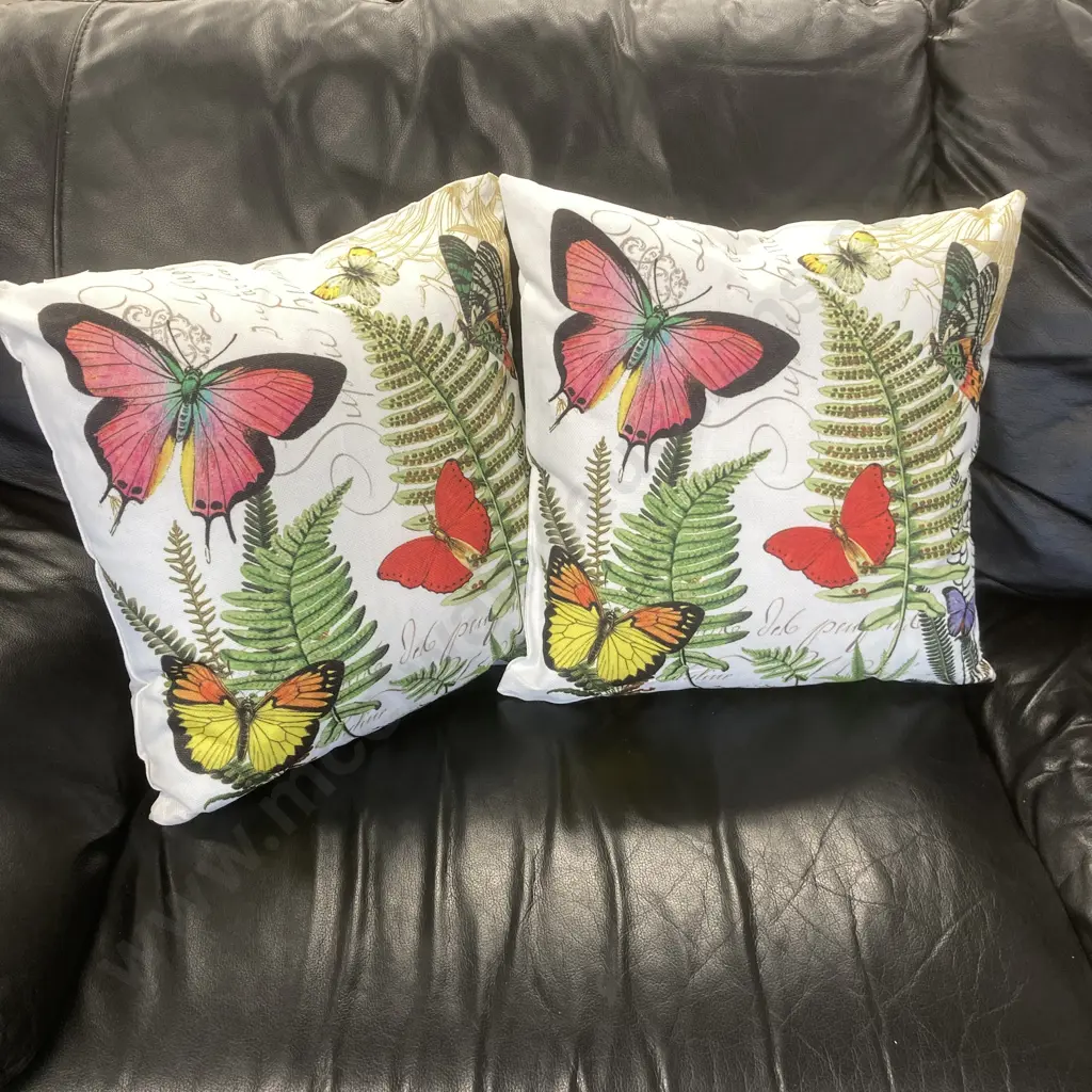 Pair of Designer Cushions, White With Butterflies & Fern Image 1++