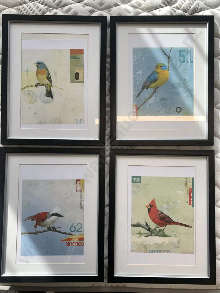 Set of Four Modern Black Framed Artworks With Bird Scenes Image 1++