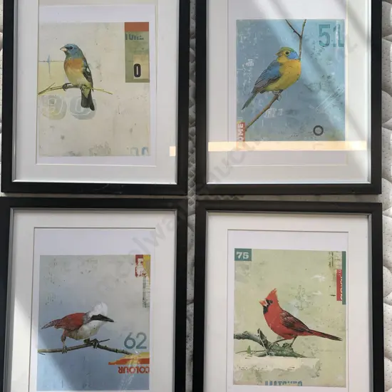 Set of Four Modern Black Framed Artworks With Bird Scenes