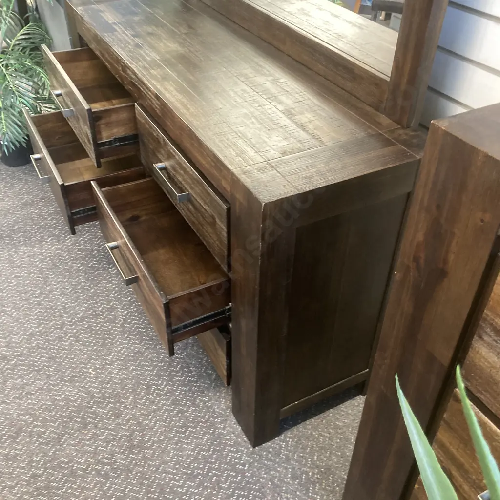 Freedom Rustic Modernist 3 Pc Bedroom Suite, Chrome Handles, 6 Drawer Dressing Table, 5 Drawer Tallboy, 2 Drawer Bedside Image 1++