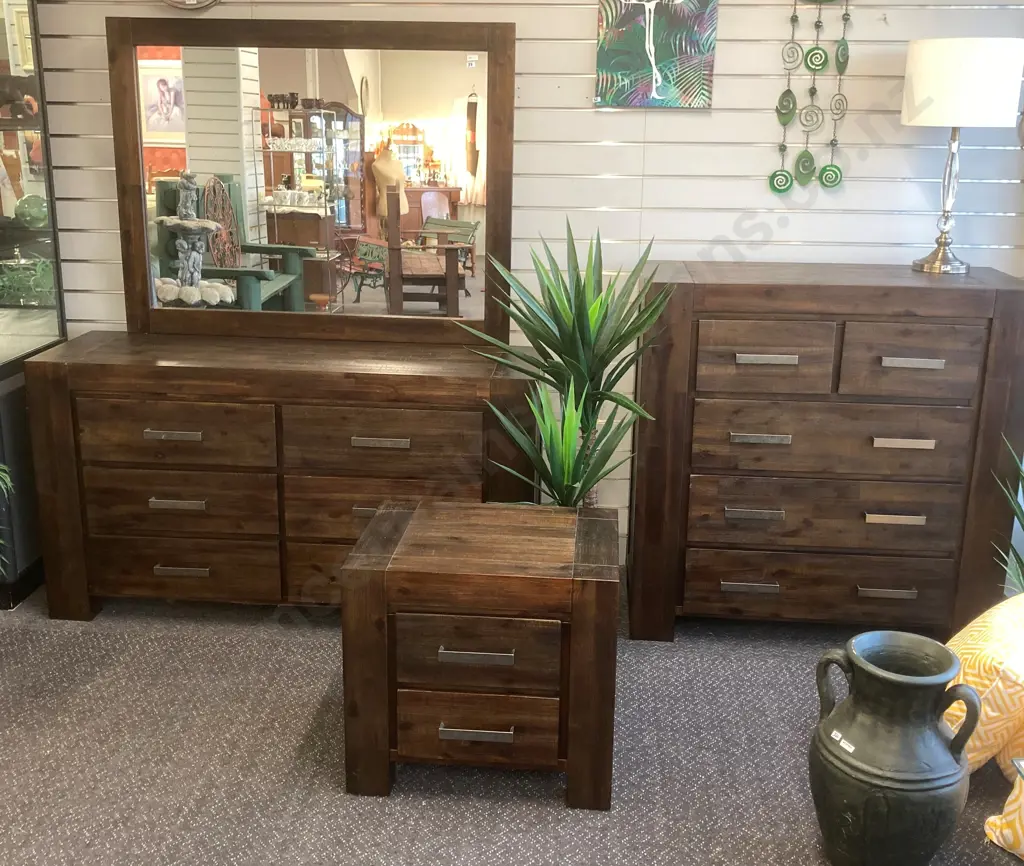 Freedom Rustic Modernist 3 Pc Bedroom Suite, Chrome Handles, 6 Drawer Dressing Table, 5 Drawer Tallboy, 2 Drawer Bedside Image 1++