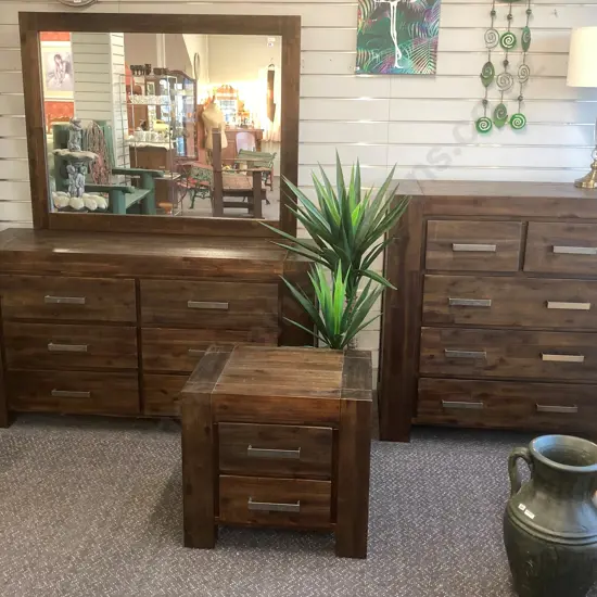 Freedom Rustic Modernist 3 Pc Bedroom Suite, Chrome Handles, 6 Drawer Dressing Table, 5 Drawer Tallboy, 2 Drawer Bedside