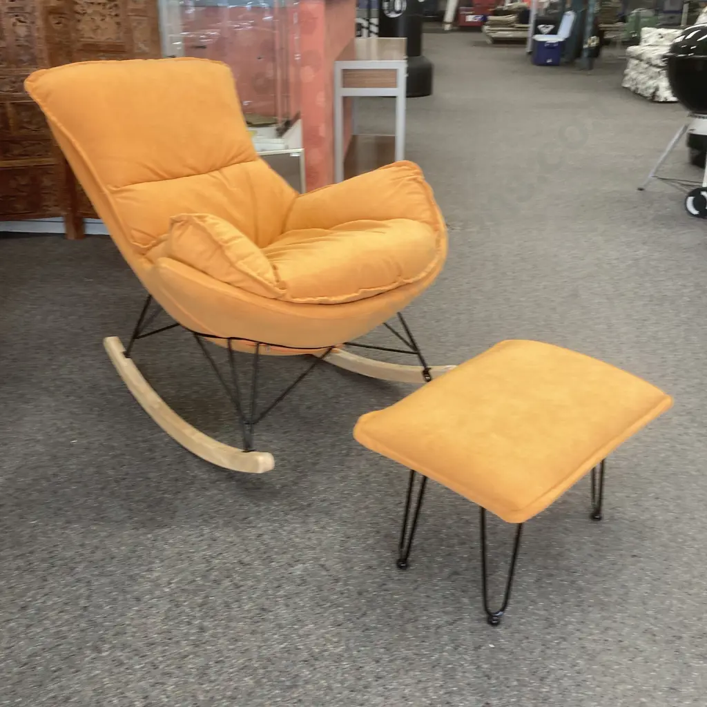 Mid Century Eames Style Rocking Chair With Ottoman, H90 W84 D105cm Image 1++