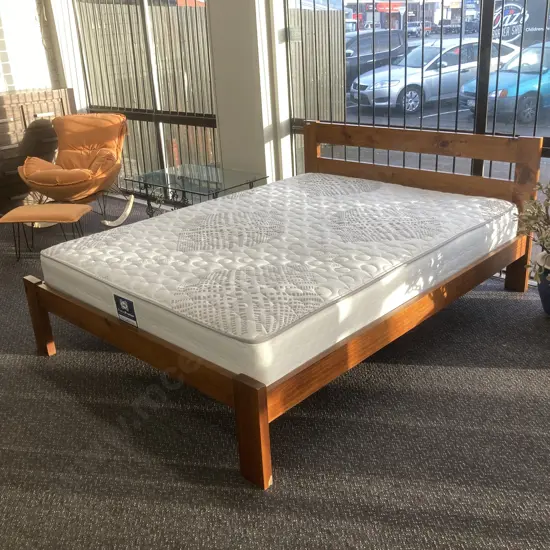 Queen Size Wooden Slat Bed With A Sealy Posture Premier City Twilight Firm Mattress