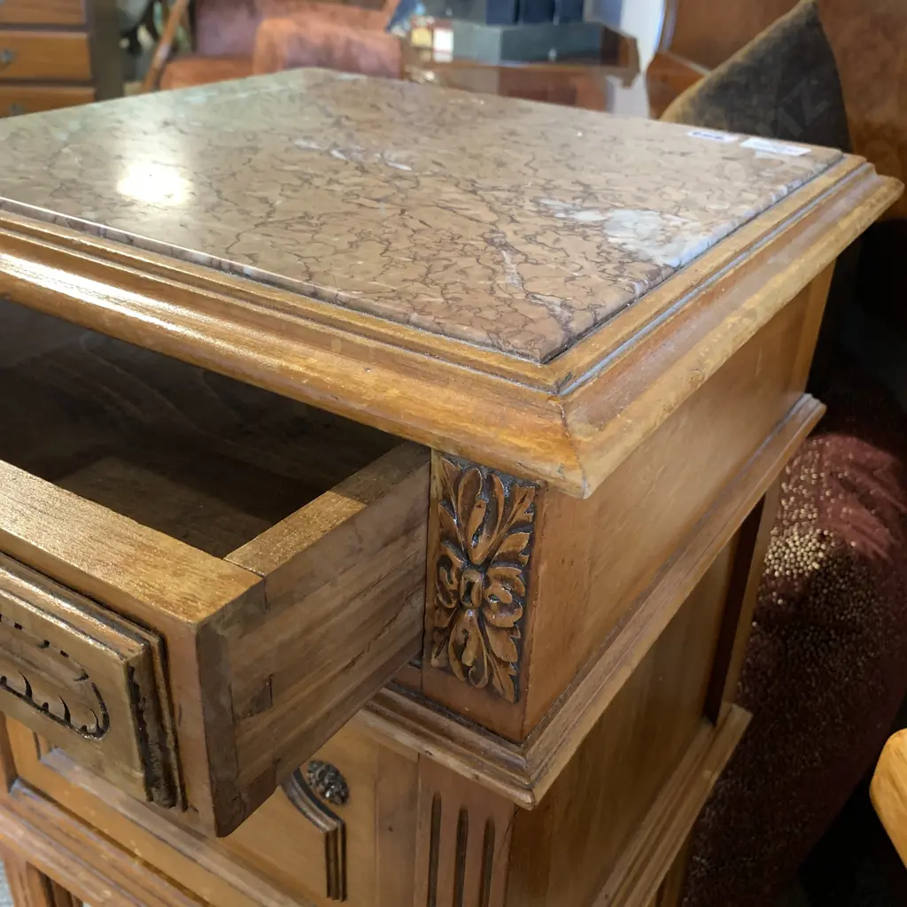 19th Century Louis Style Night Stand with Porcelain insert in middle cupboard. Marble top 39x37cm H83 Image 1++
