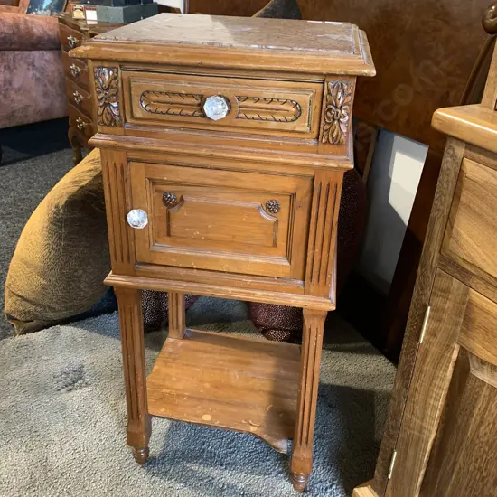 19th Century Louis Style Night Stand with Porcelain insert in middle cupboard. Marble top 39x37cm H83