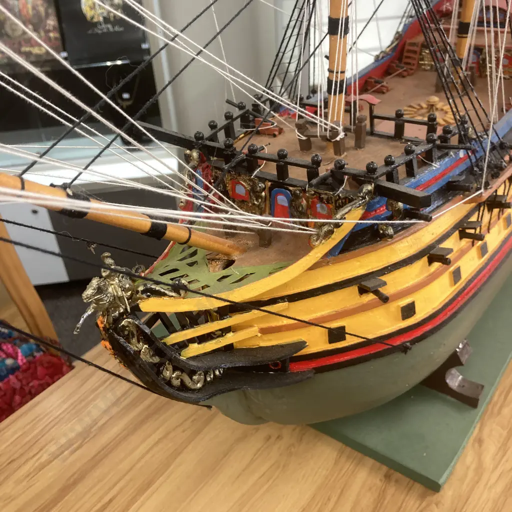 Large Handmade Wooden Model Ship 'The Royal James' H76 W87 D18cm, On Wooden Stand Image 1++