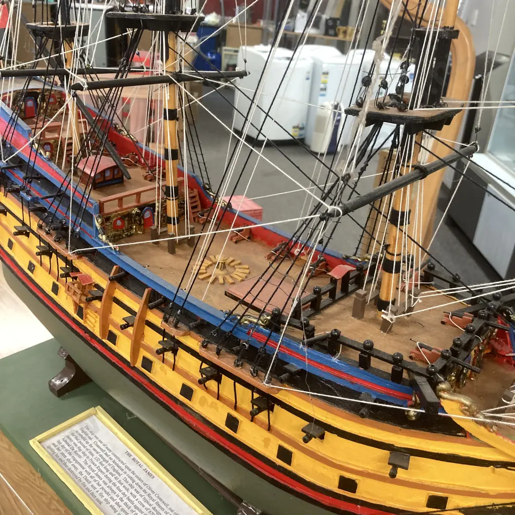 Large Handmade Wooden Model Ship 'The Royal James' H76 W87 D18cm, On Wooden Stand Image 1++
