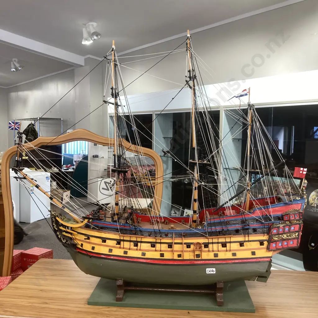 Large Handmade Wooden Model Ship 'The Royal James' H76 W87 D18cm, On Wooden Stand Image 1++