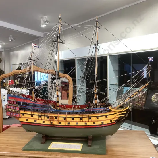 Large Handmade Wooden Model Ship 'The Royal James' H76 W87 D18cm, On Wooden Stand