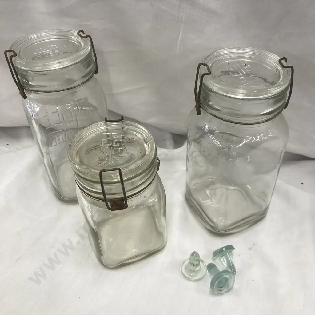 Vintage Agee Queen Glass Jars x 3 With Wire Enclosures, 1920 to 1940 & Three Glass Bottle Stoppers Image 1++